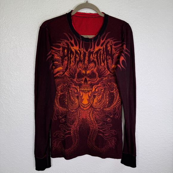 Affliction Thermal Shirt Women XL Reversible Skull Flame Rose Graphic Y2K Grunge - Picture 3 of 13